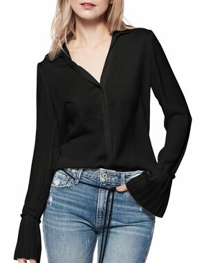 PAIGE Black Long-Sleeve Button-Down Blouse with Pleated Cuffs